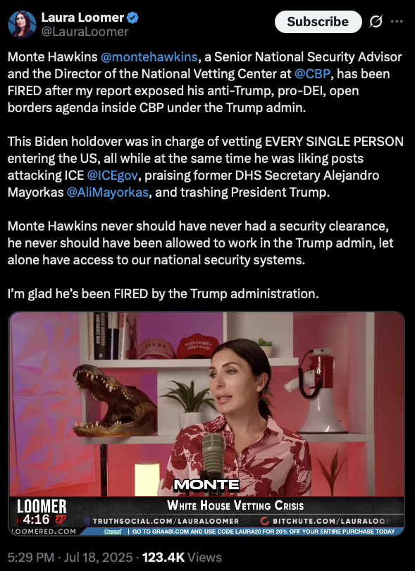 Loomer Post: Loomer confirms Hawkins fired after anti-Trump posts exposed