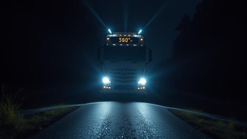 Commercial truck on off-road at night with high lumen light