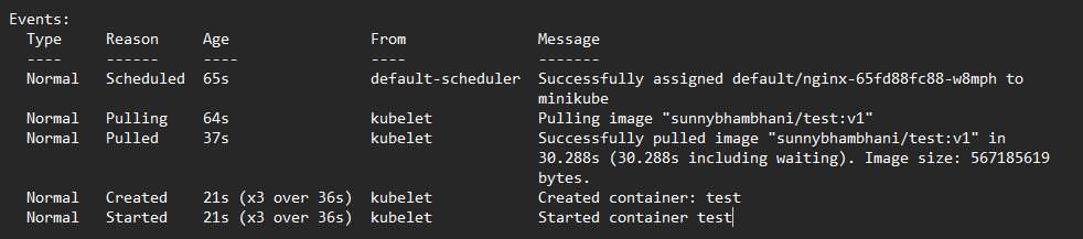 Image on how to check the events of the pod for success