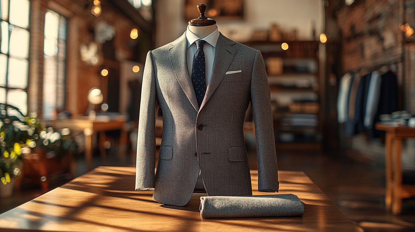 A neatly folded grey suit resting on a smooth office table, with soft natural light casting gentle shadows. The office is modern and clean, with minimalistic decor and a calm, professional atmosphere.