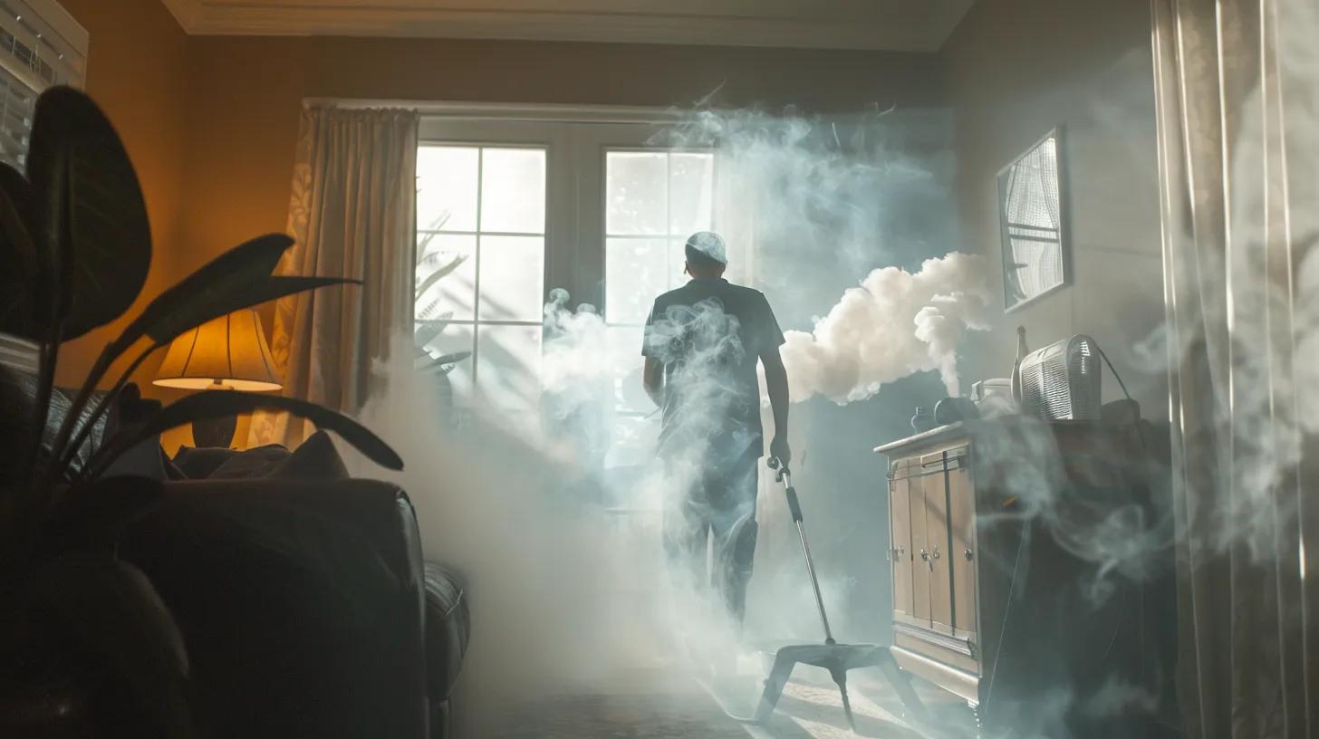 A homeowner gently cleaning a smoke-stained wall or airing out a room with windows open and fans running—safe, small-scale actions (with no heavy equipment or structural repair).