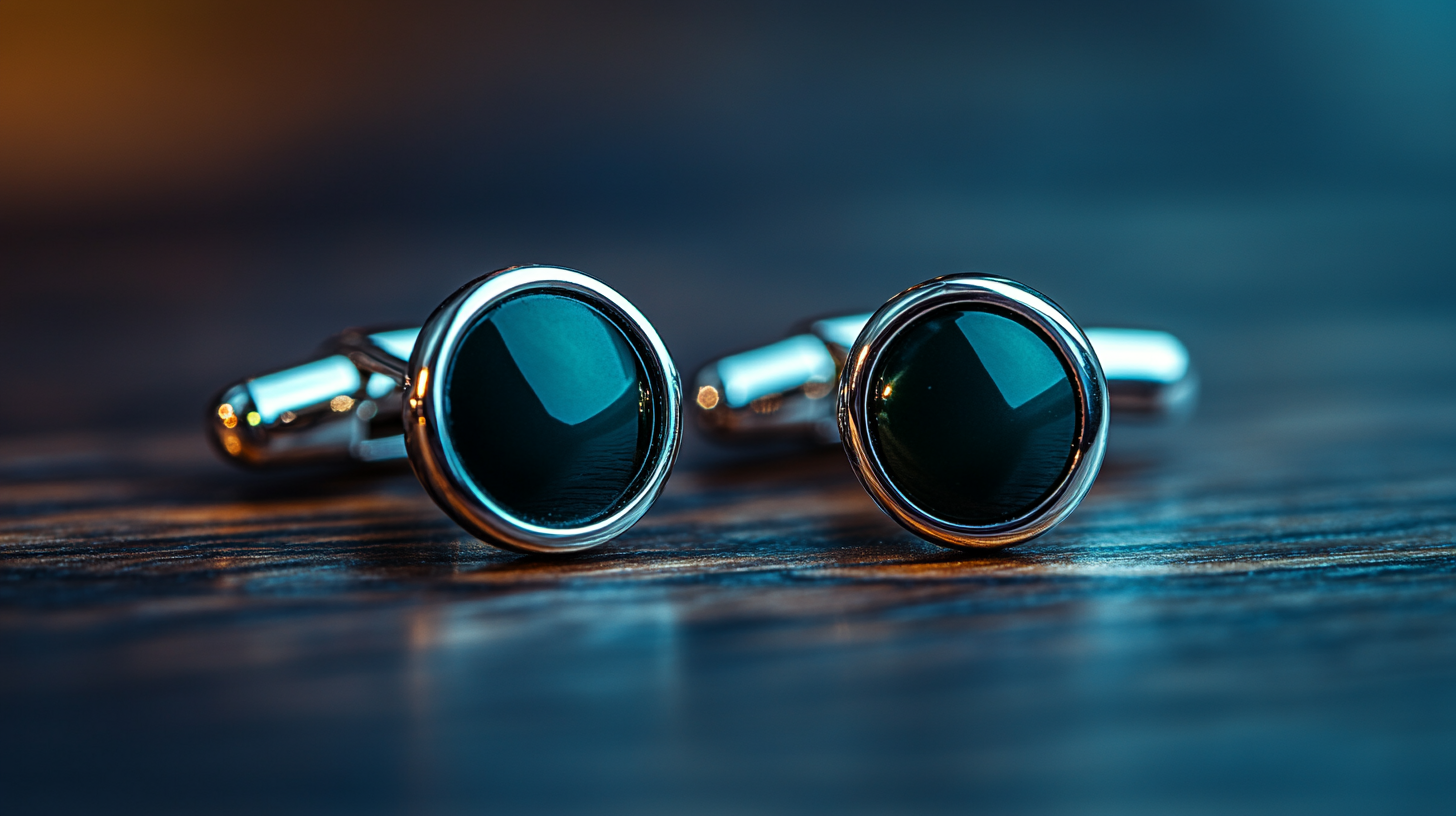 A pair of elegant silver cufflinks with a polished finish, placed on a dark wooden surface, reflecting soft lighting. Alternative variations include gold cufflinks with a subtle engraved pattern, deep emerald green cufflinks with a glossy sheen, and sleek minimalist black cufflinks with a matte finish.