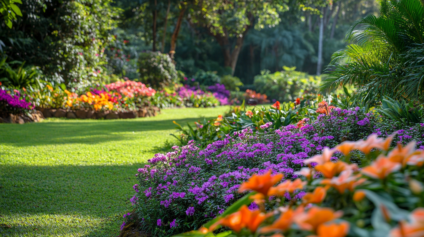 Vista panorâmica de um jardim com petúnias em plena floração