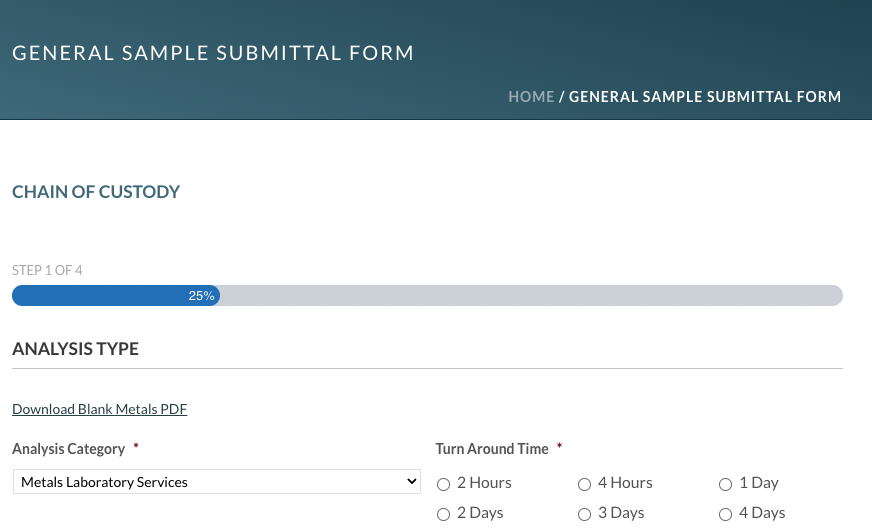 A screenshot of a General Sample Submittal Form that shows a blue progress bar at 25% complete and a question with multiple choice answers underneath.