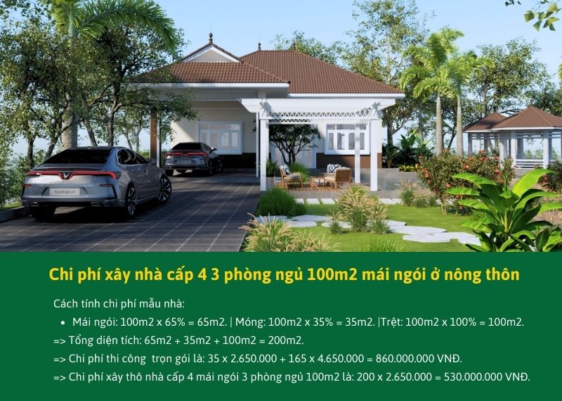 Chi phí xây nhà cấp 4 3 phòng ngủ 100m2 mái ngói ở nông thôn Xây dựng Nhất Tín