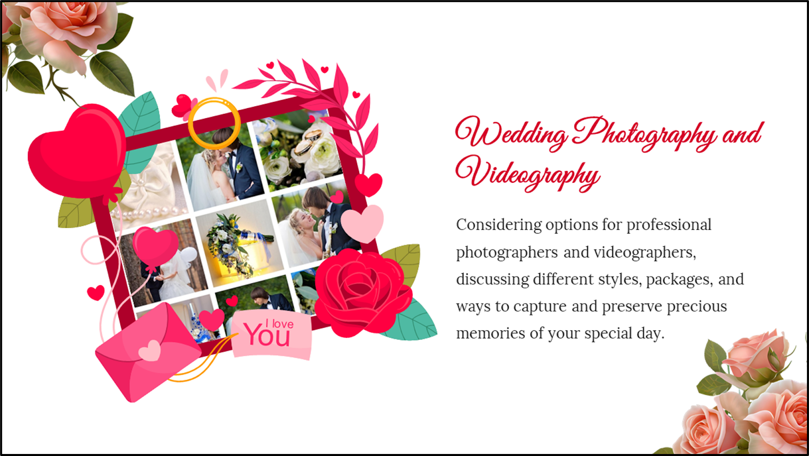 Wedding photography and videography services portfolio, showcasing a collage of memorable moments.