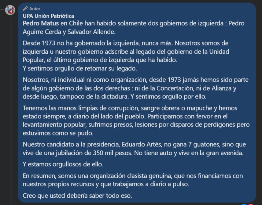 Publicación de UPA en Facebook sobre la pensión de Artés.