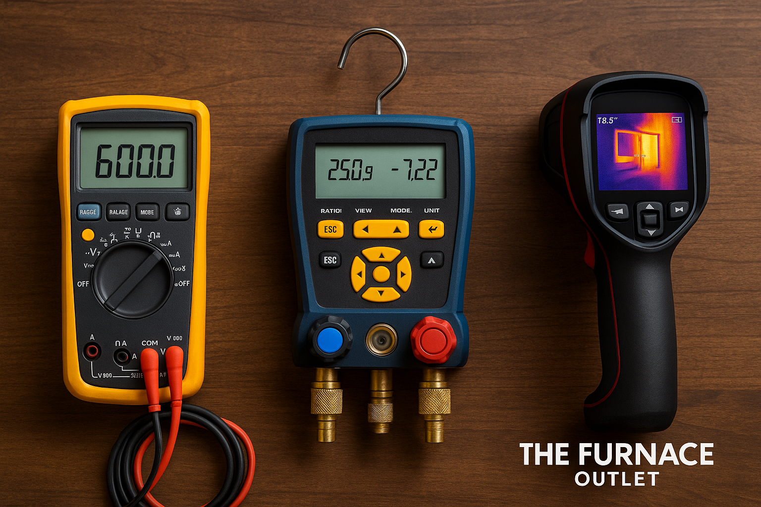 A high-resolution digital photograph displays three HVAC diagnostic tools—a yellow digital multimeter, a blue digital manifold gauge, and a black thermal imaging camera—arranged neatly on a wooden surface with "The Furnace Outlet" branding