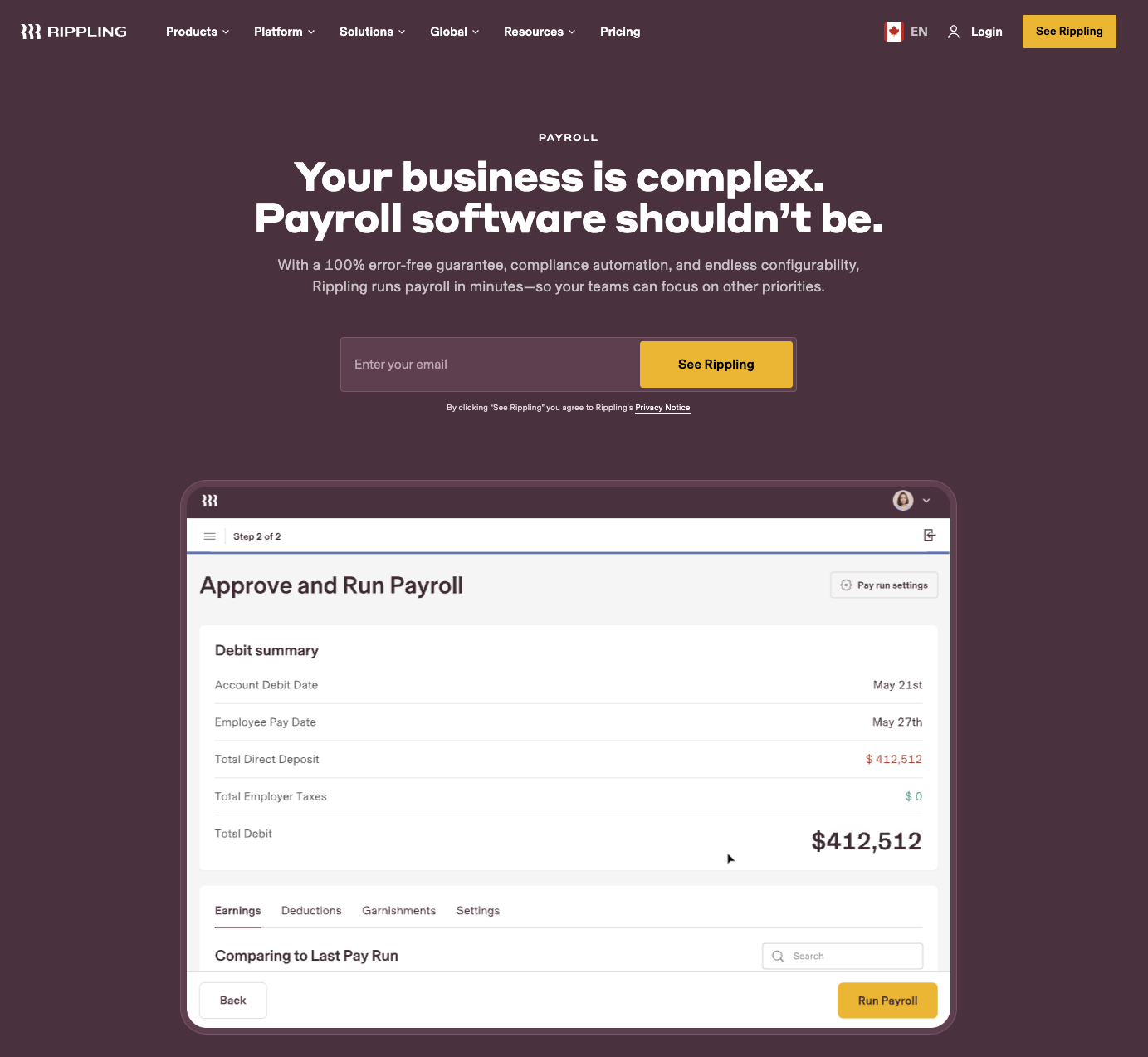 Landing page copy: The H1 at the top of the landing page is about payroll software for small business. 