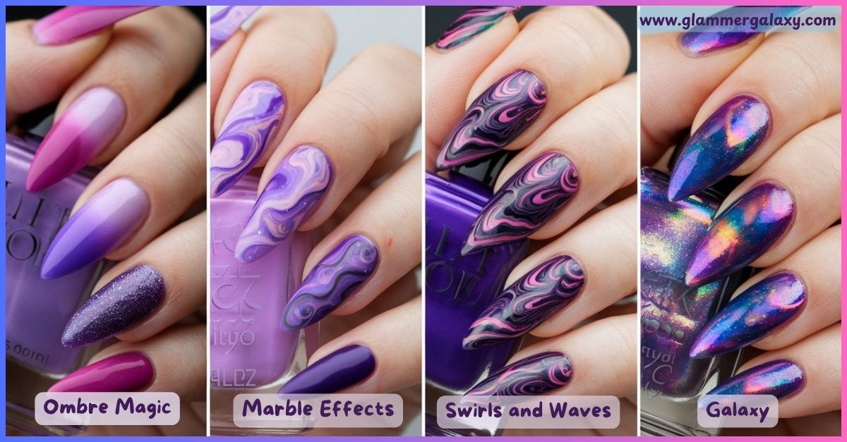 Assortment of purple nail art designs with ombre, marble, swirls, and galaxy patterns.