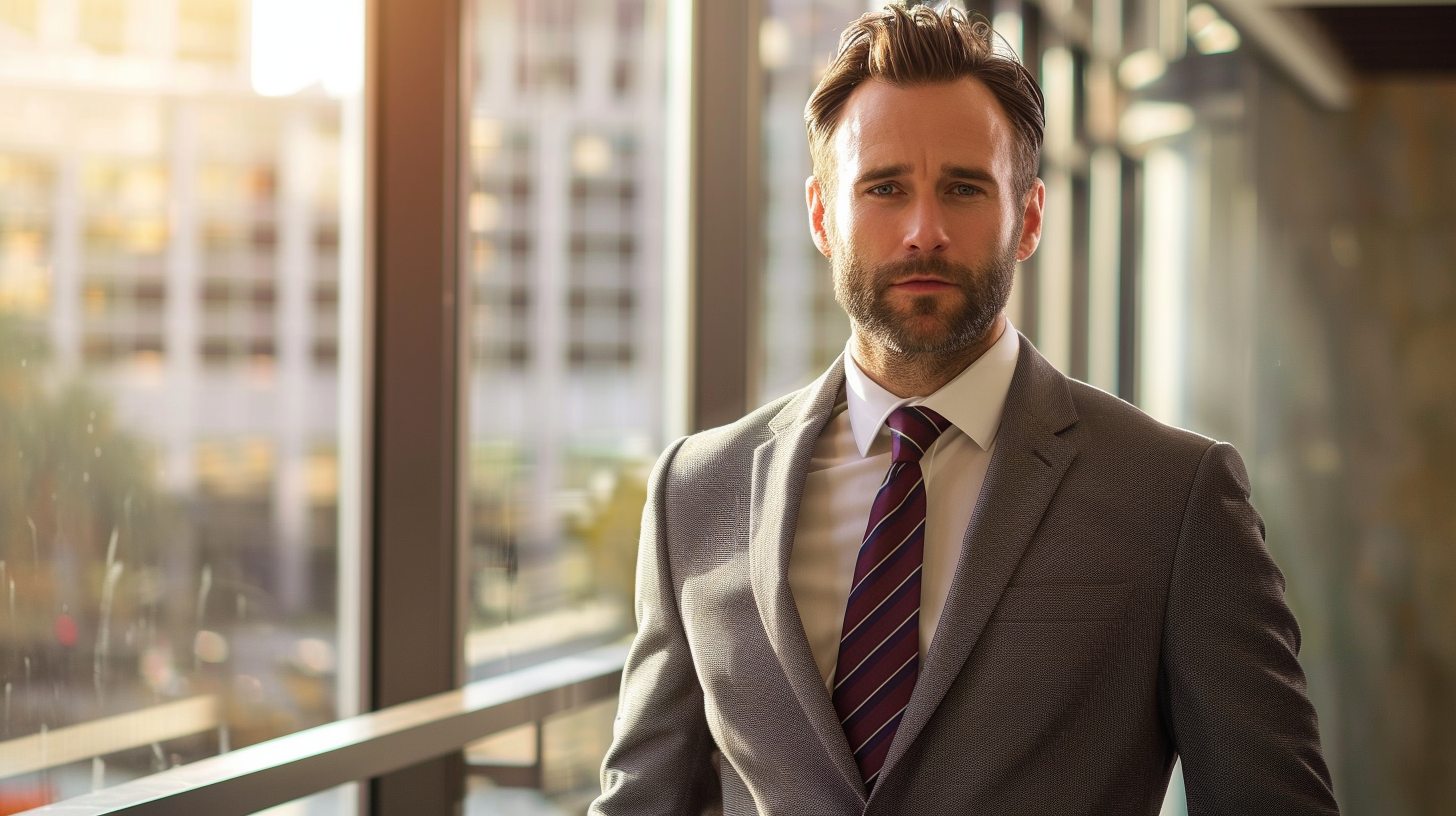 Professional man in a burgundy and navy striped tie, classic gray suit, white shirt, standing near a boardroom window with sunlight, confident and clean-cut business style