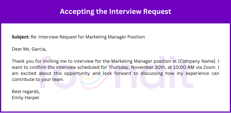 Accepting the Interview Request for Marketing Manager Position