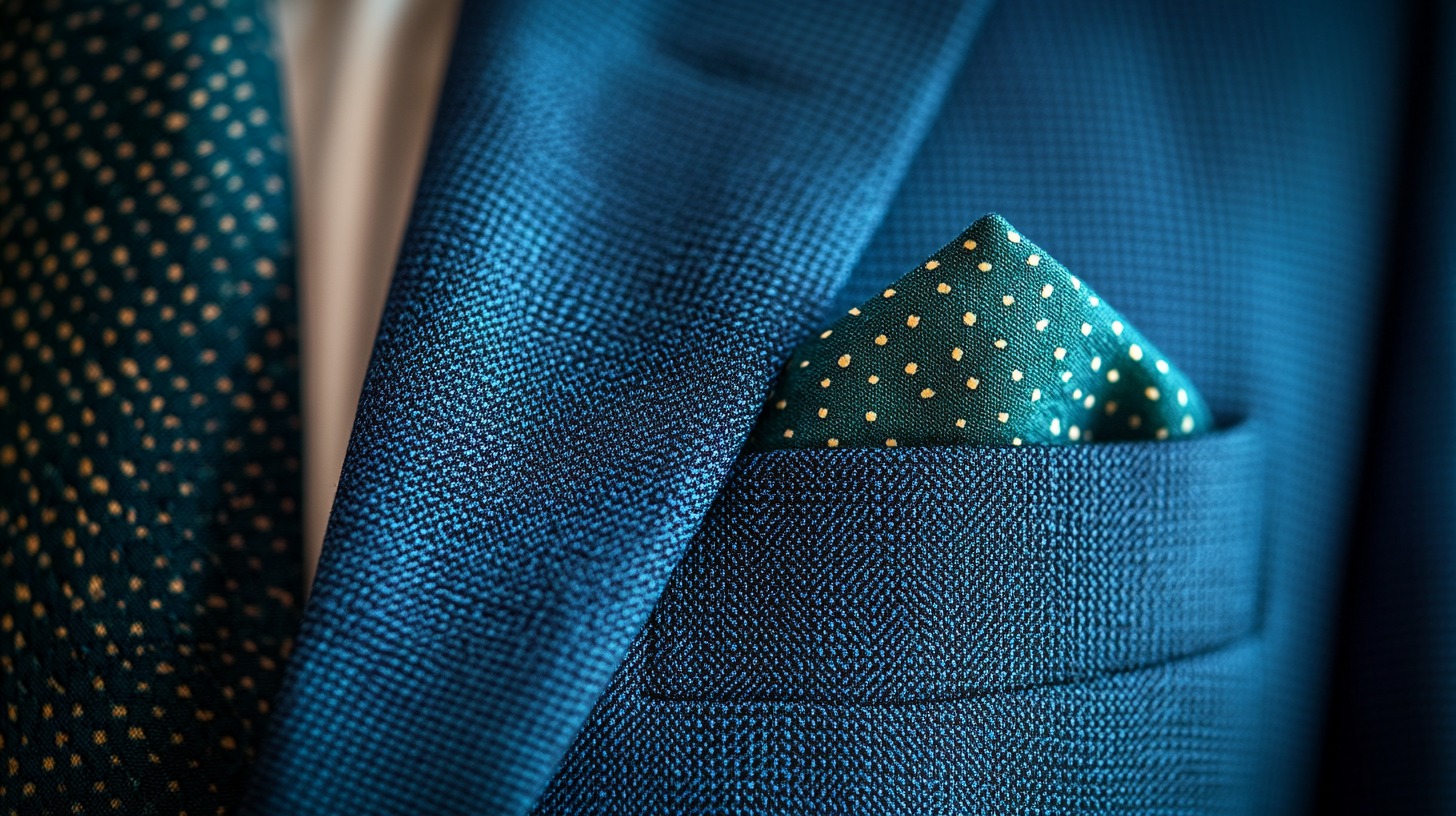 A close-up of a suit with a pocket square in analogous colors, such as a blue suit paired with a blue-green or green pocket square. The colors blend seamlessly, creating a harmonious and subtle look. Soft lighting enhances the smooth transition between the shades, offering a refined, cohesive style ideal for a polished yet understated appearance.