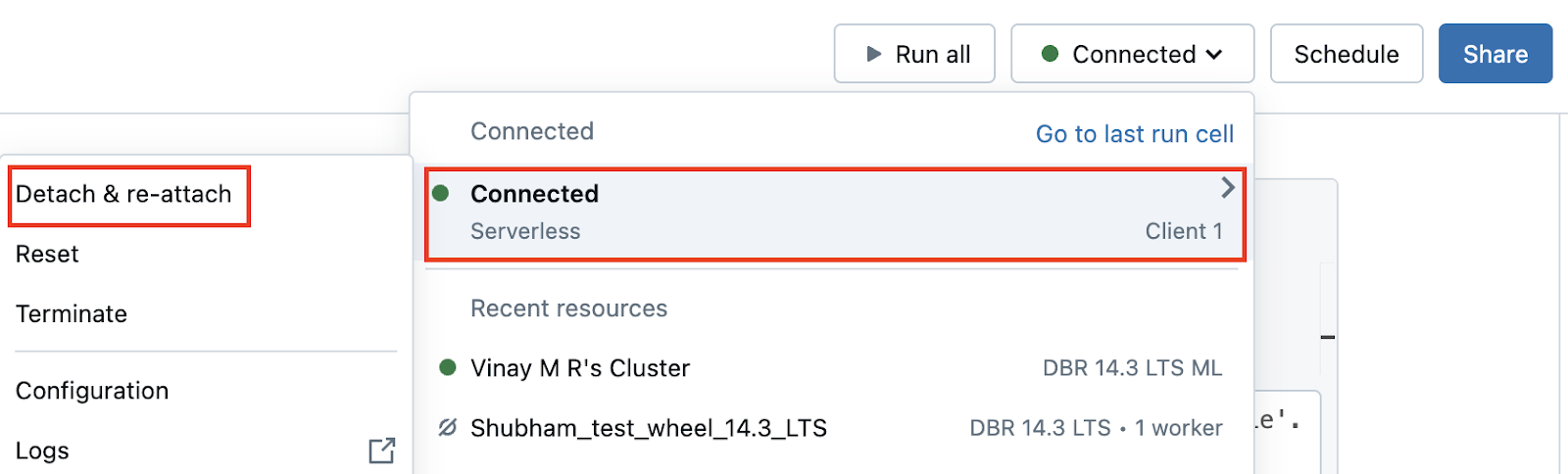 Workspace UI showing the Detach & re-attach menu option.