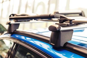 Car roof rack. Modern car. Blue car. Close-up