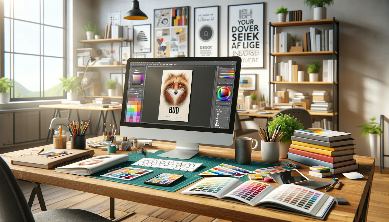 A beautifully detailed digital illustration of a creative designer's workspace, centered around a large computer screen displaying a book cover design featuring a fox and the title 'BUD.' The desk is filled with design tools, including color swatches, paint samples, sketchbooks, pencils, and markers, indicating a hands-on creative process. Shelves in the background are lined with books, plants, and framed design posters, adding to the inspiring and artistic atmosphere.