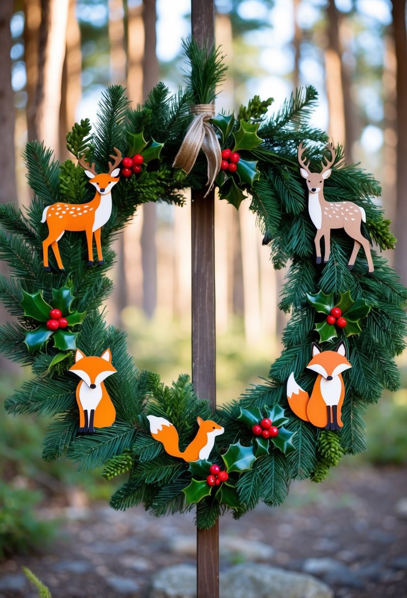 A wreath made of pine branches, holly, and adorned with woodland animals such as deer, foxes, and birds