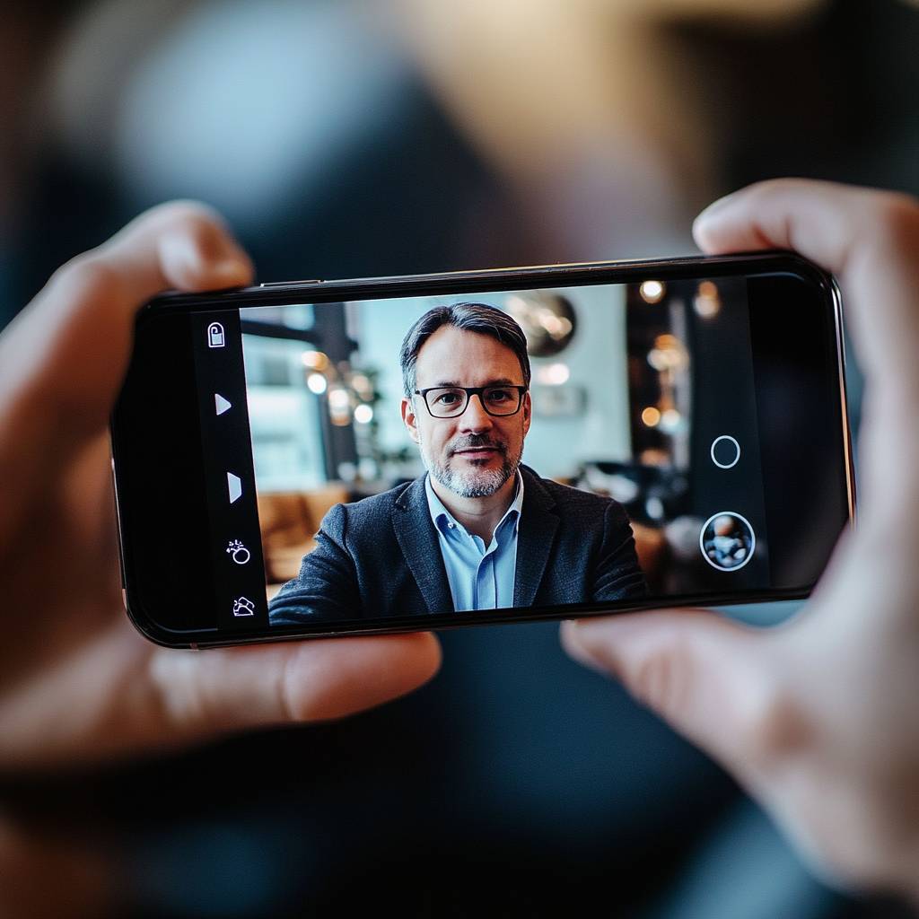 A candidate is answering open-ended questions in a one-way video interview.