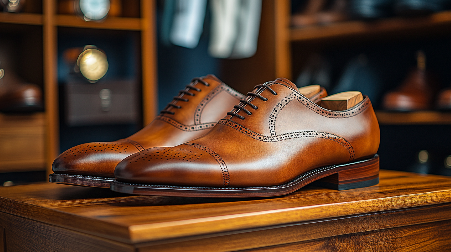 A pair of rich brown leather dress shoes, perfectly polished, sitting on a wooden shelf inside a stylish men's closet. The background features a well-organized selection of accessories, including premium belts, silk ties, elegant cufflinks, and designer wristwatches. Soft lighting enhances the warm tones of the shoes, creating a sophisticated and polished look. Ultra-detailed, hyper-realistic, cinematic lighting, luxury men’s fashion photography.