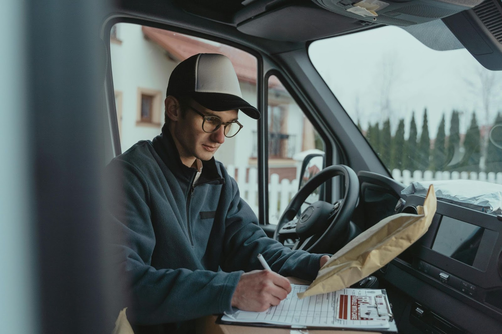 Hombre con un paquete y escribiendo una guia de despacho de última milla como parte de la trazabilidad de gestión de transportes.