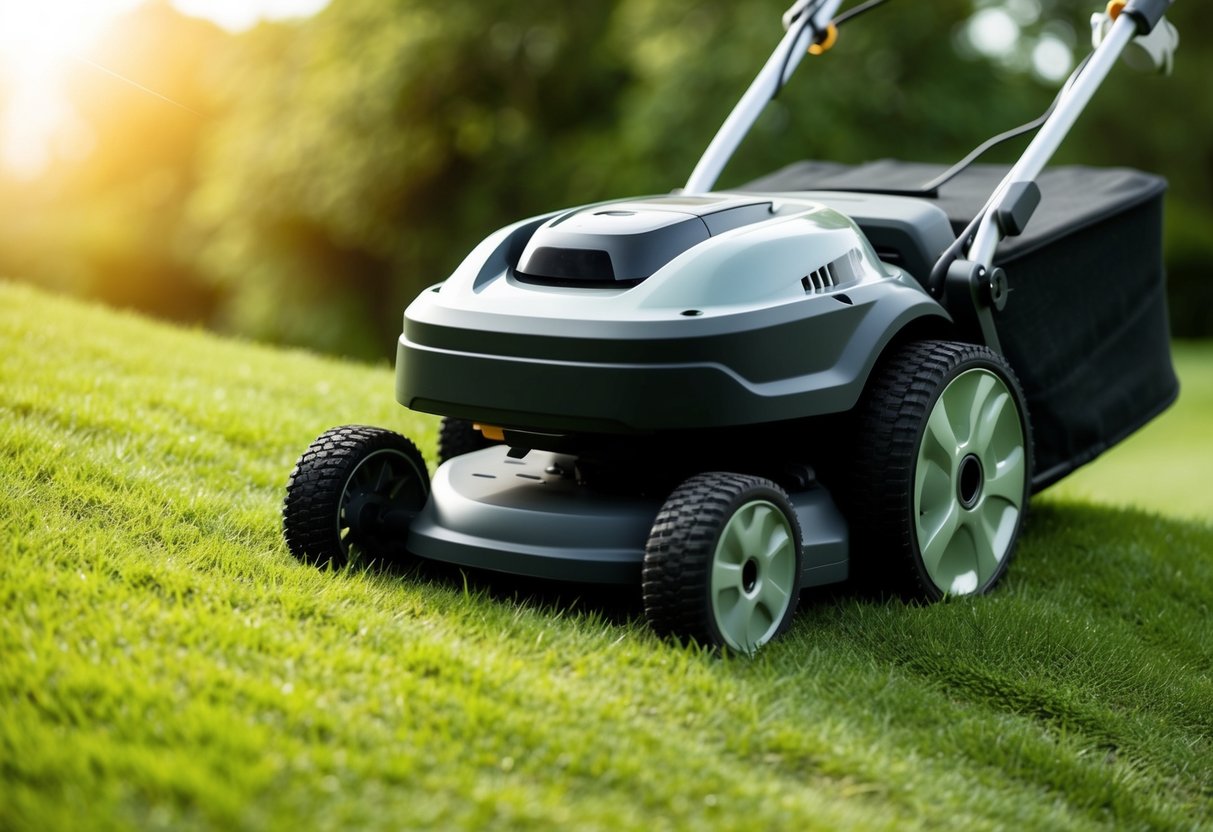 A robotic lawn mower navigating a steep slope, with the grass neatly cut and the machine's sensors actively adjusting to the incline