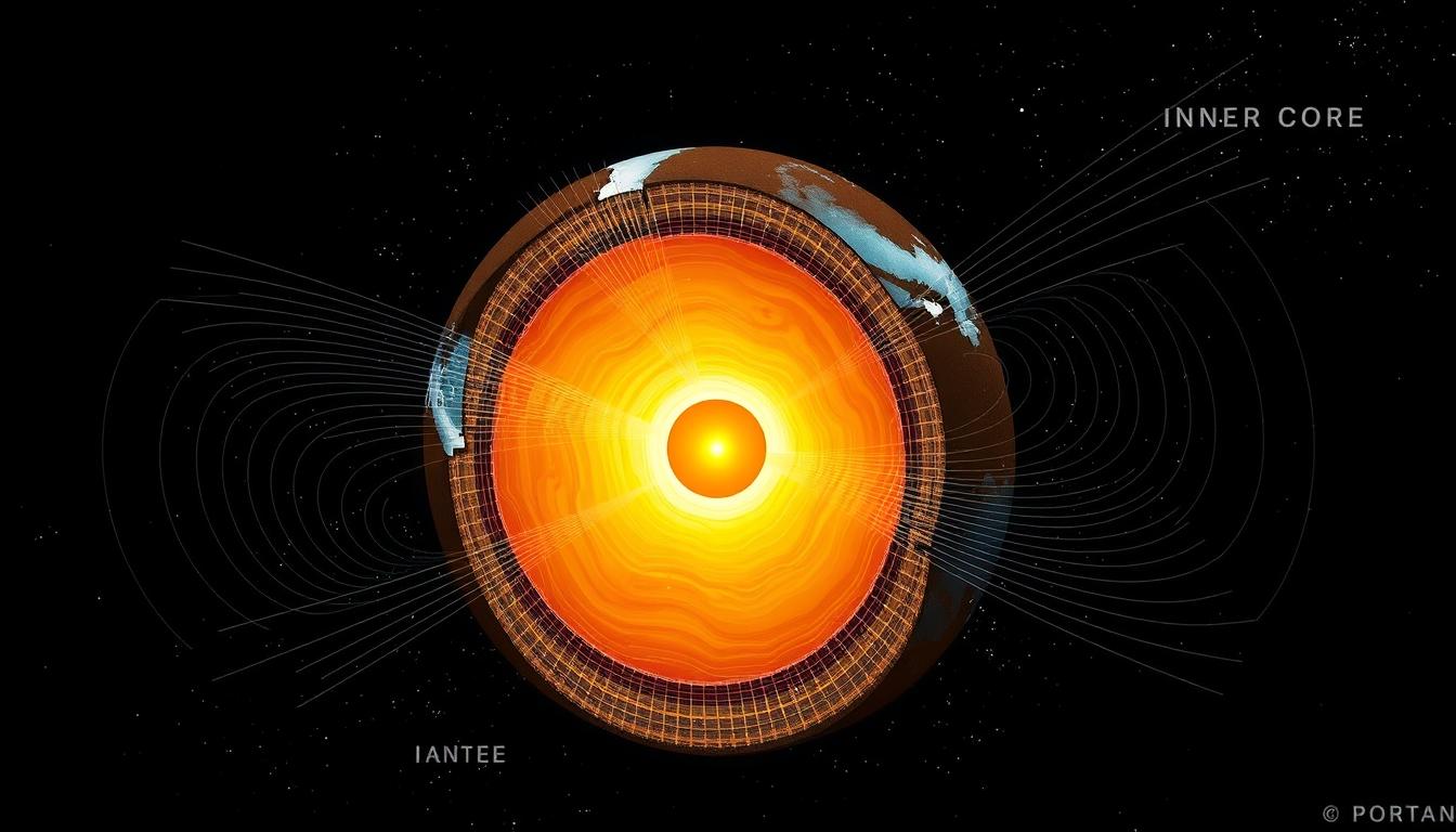Cross-section illustration of Earth showing the core dynamics that generate the geomagnetic field