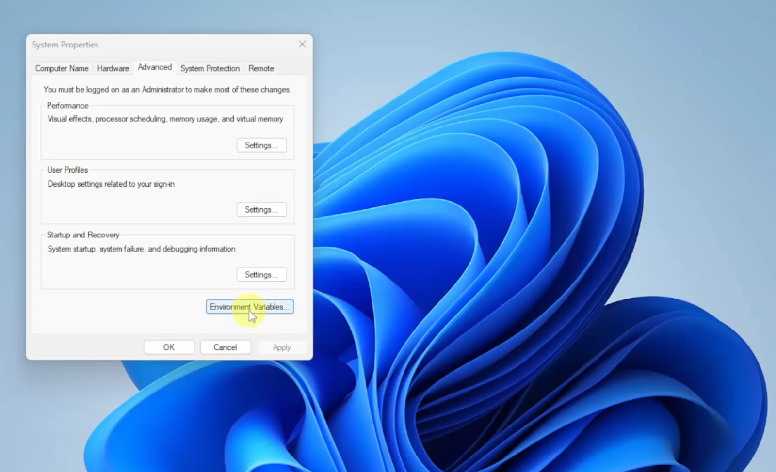 In the System Properties window, Advanced tab and  Environment Variables.