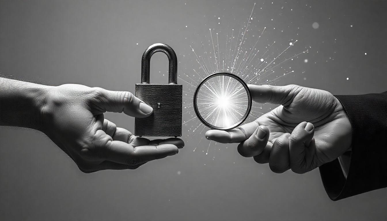 The image depicts the core MSSP value proposition, with hands holding a lock and a magnifying glass against a dramatic background. THands holding a lock and magnifying glass, symbolizing visibility and protection that uncover and address vulnerabilities.