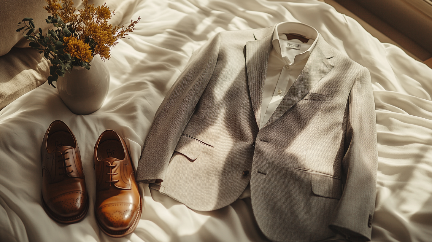 A gray suit, elegantly laid flat on a soft, flowing white fabric, creating a serene and balanced composition. Beside the light gray suit is a pair of brown shoes placed with care. The scene is softly illuminated with cool white lighting, casting gentle shadows that enhance the minimalist, aesthetic vibe.