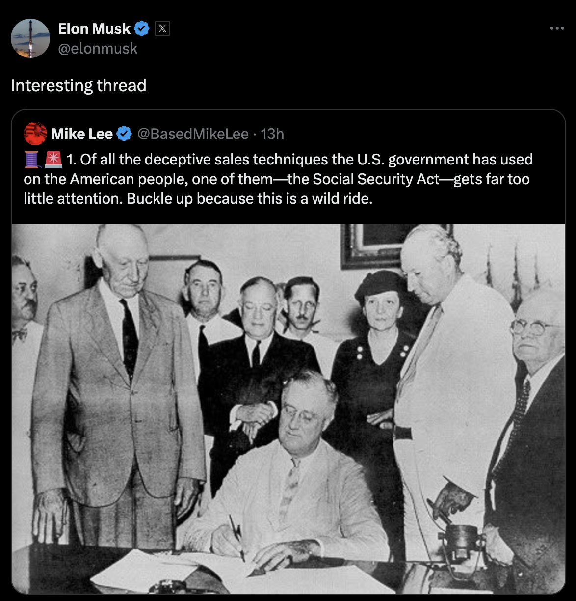 Elon Musk quote-tweets Sen. Mike Lee, who calls Social Security "deceptive." Musk calls it an "interesting thread"