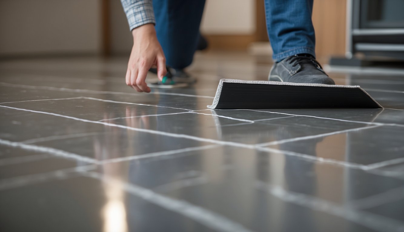 A vinyl flooring being laid over existing tile, with a smooth and clean surface, ensuring proper adhesion