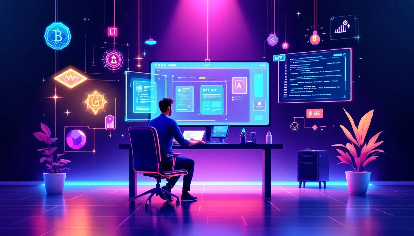 A digital artist creating an NFT artwork with royalty settings.