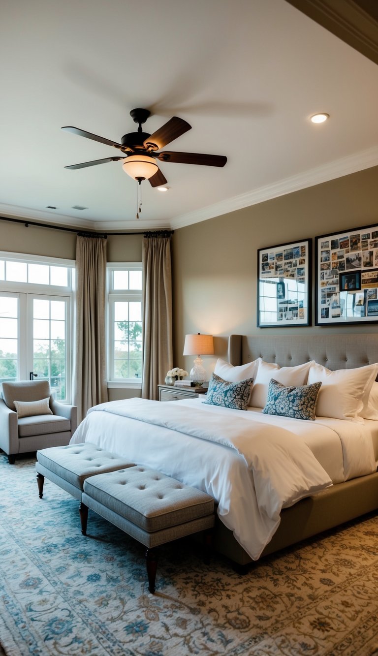 A cozy, elegant master bedroom with a large, comfortable bed, soft lighting, and personalized artwork reflecting the couple's unique style and shared interests