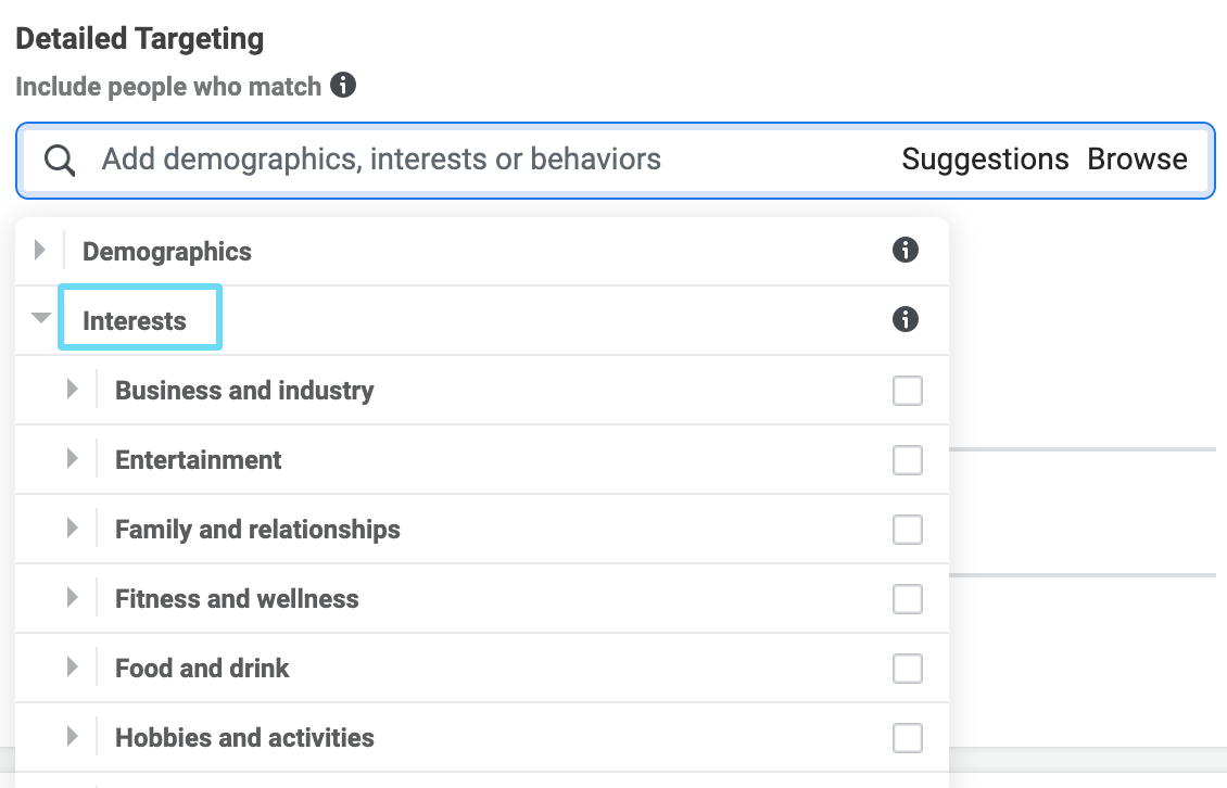 Facebook Ads detailed targeting interests