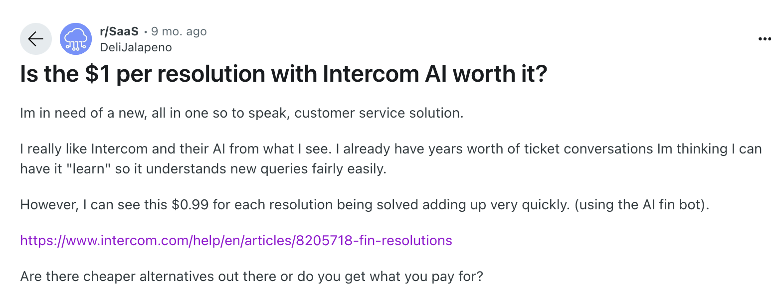 User query on reddit on Intercom's AI Agent