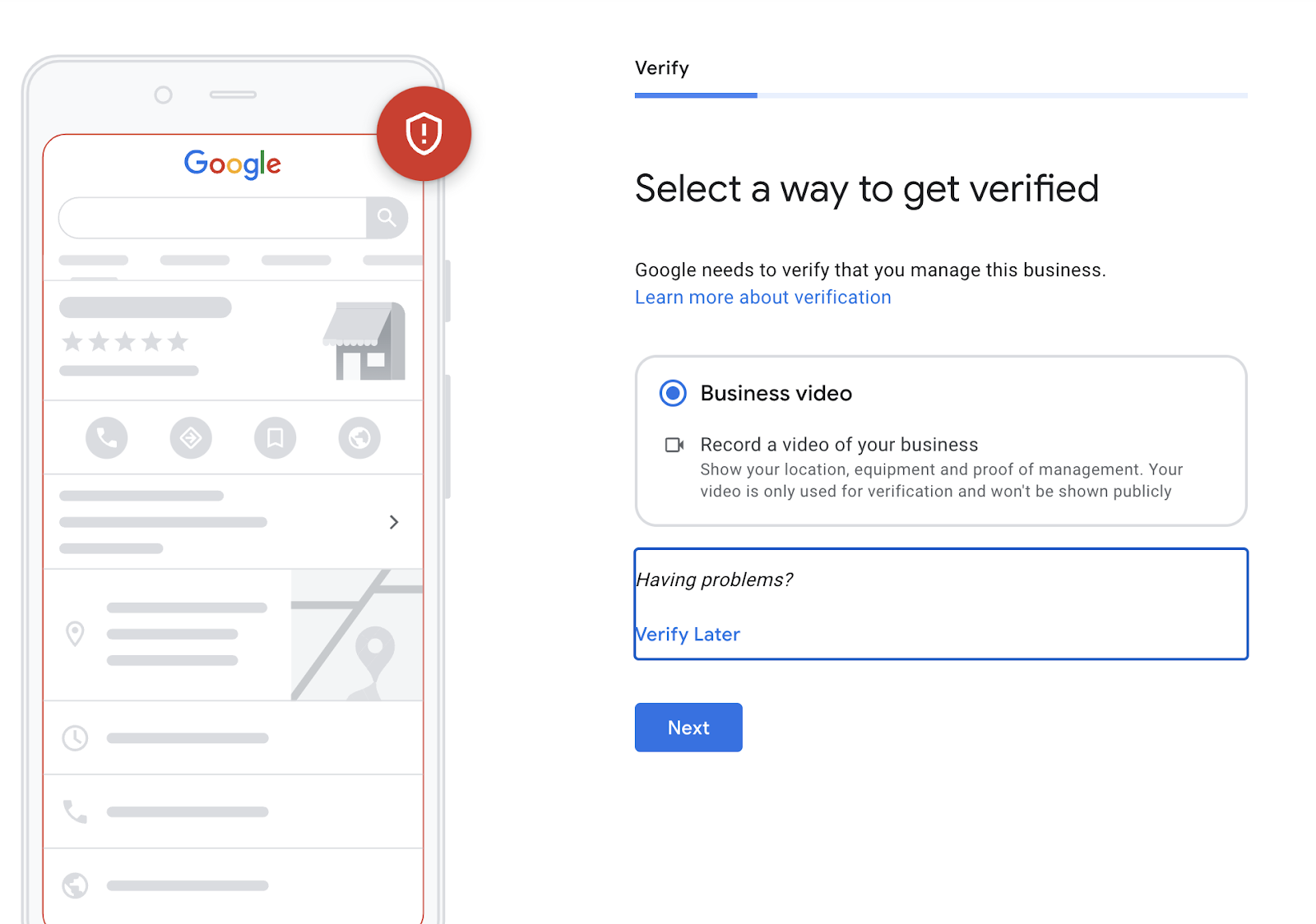 Selecting a way to get your business details verified by Google
