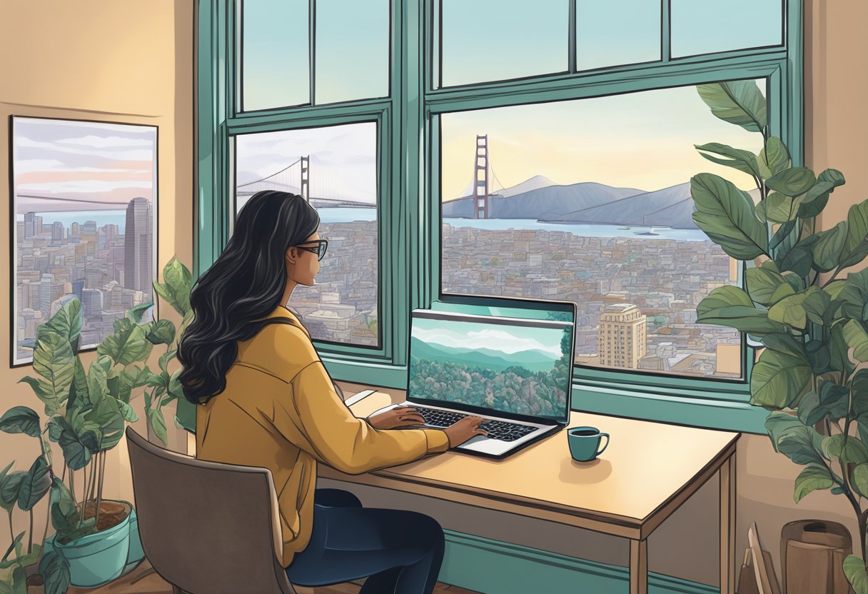 A person using a laptop to search for therapists in San Francisco, surrounded by cityscape and nature views through a window