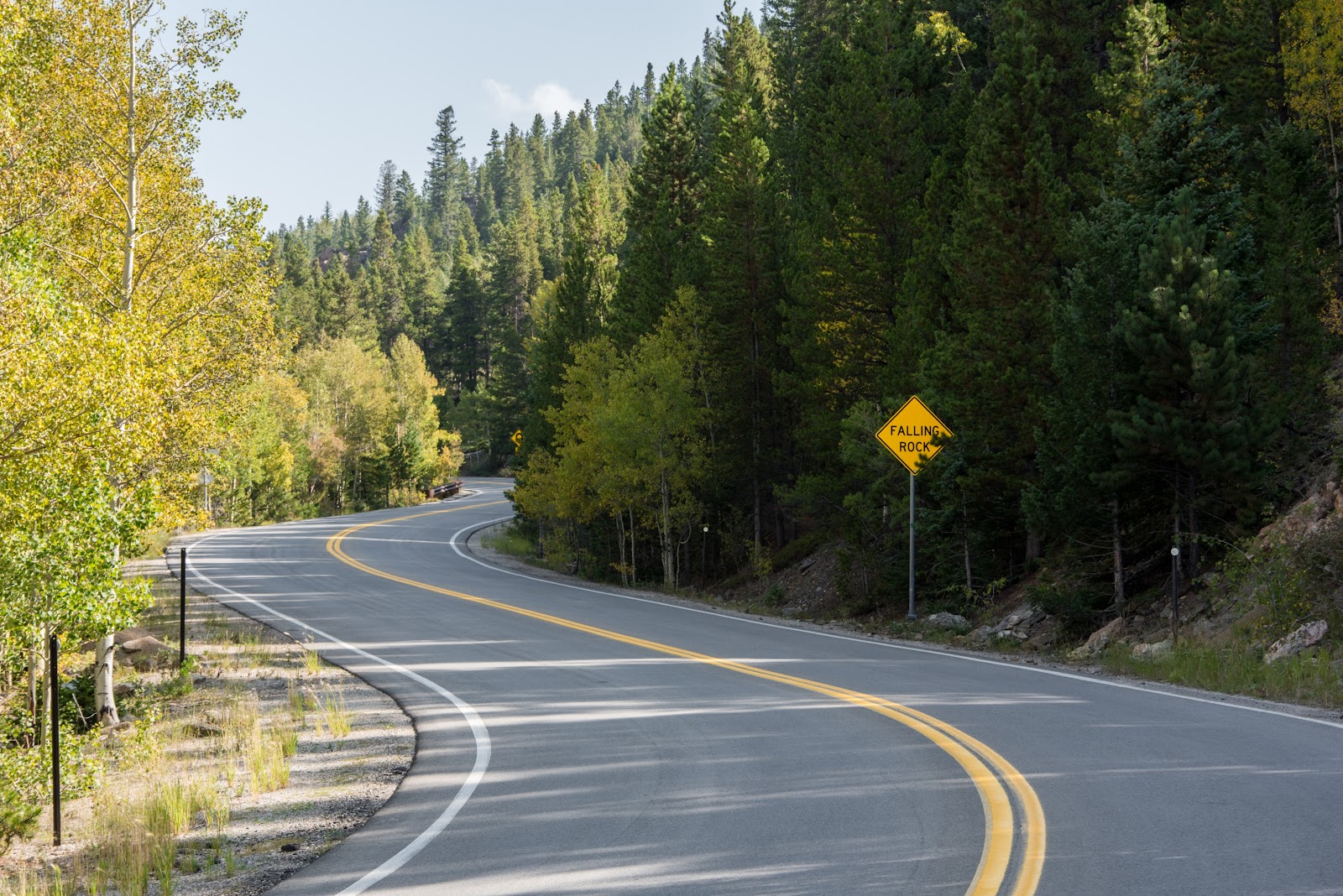 cycling hwy 103 to mt evans - roadway between trees with street sign