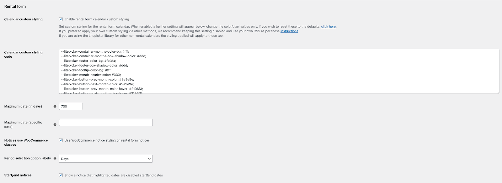 Rental form related advanced settings for the Rental Prodcuts for WooCommerce page.