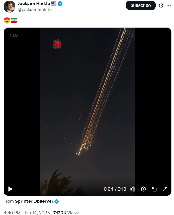 Video shows show a large barrage of Iranian rockets fired toward Israel.