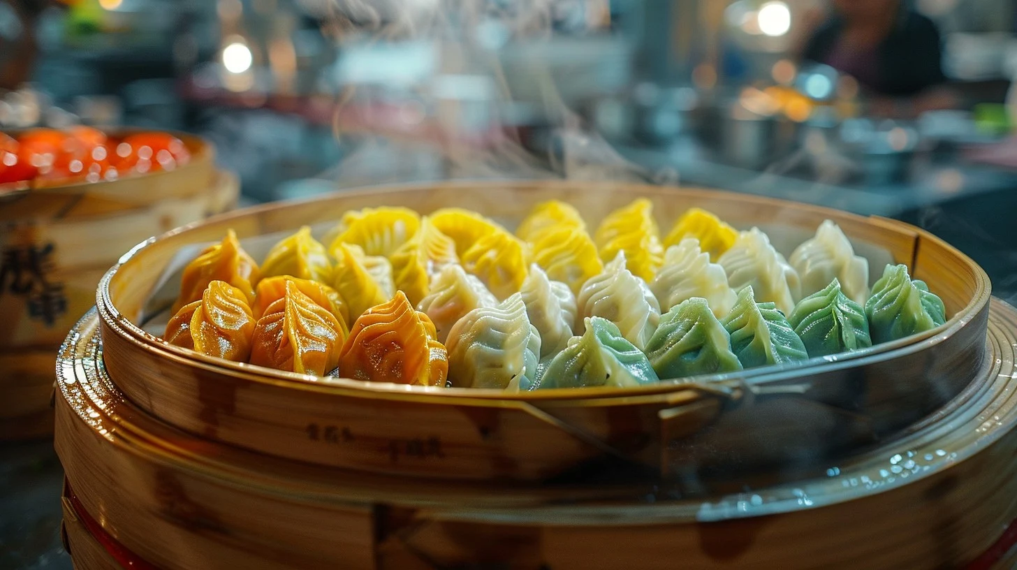 This captivating image showcases a traditional bamboo steamer brimming with an assortment of beautifully crafted dumplings. Each dumpling is meticulously folded and bursting with either yellow, green, or orange hues, indicating a variety of fillings that promise to tantalize the taste buds. The steamer sits against a softly blurred background of a lively night market, where the ambient light casts a warm glow over the scene, enhancing the inviting atmosphere. This snapshot not only celebrates the visual beauty of these culinary creations but also evokes the vibrant energy of street food culture.