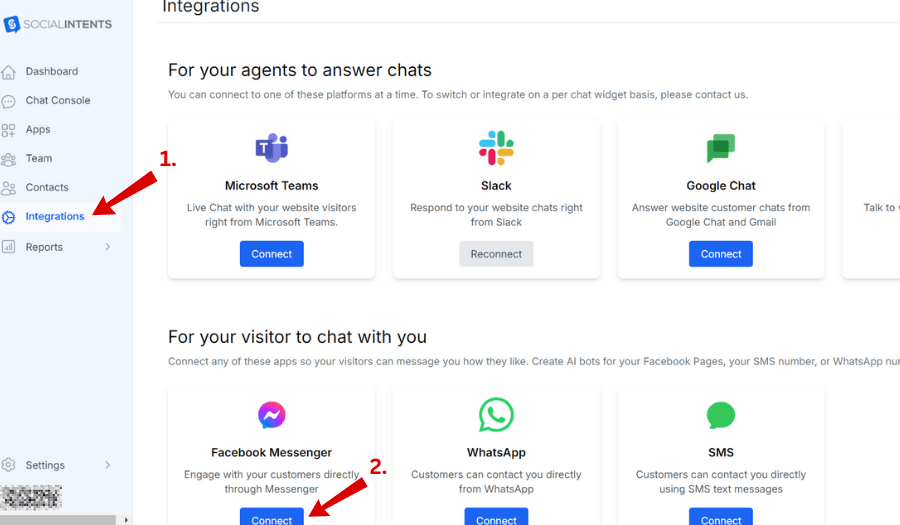 Connect your chatbot platform to Facebook Messenger in Social Intents