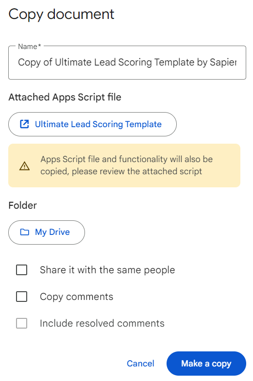 How to make a copy of 'Ultimate Lead Scoring Template' by Sapiengraph