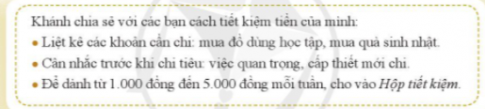 CHỦ ĐỀ 6. TỰ LÀM CHỦ GIA ĐÌNHTham gia lao động trong gia đình1. Quản lí đồ dùng cá nhânCâu 1: Chia sẻ cách sắp xếp và quản lí những đồ dùng cá nhân.Đáp án chuẩn: HS tự thực hiện.Câu 2: Thảo luận cách quản lí đồ dùng cá nhân hiệu quả.Đáp án chuẩn: Phân loại và sắp xếp đồ dùng cá nhân theo từng nhóm nhất định.Câu 3: Trao đổi về ý nghĩa của thói quen ngăn nắp, gọn gàng, sạch sẽ ở gia đình.Đáp án chuẩn: Tiết kiệm thời gian dọn dẹp, giữ nhà cửa gọn gàng ngăn nắp 2. Thói quen ngăn nắp, gọn gàng, sạch sẽ ở gia đìnhCâu 1: Chia sẻ những thói quen ngăn nắp, gọn gàng, sạch sẽ em đã thực hiện ở gia đình.Đáp án chuẩn: Dọn dẹp nhà cửa hằng ngày và sắp xếp đồ dùng cá nhân ngăn nắp, gọn gàng.Câu 2: Chỉ ra những việc em làm chưa thường xuyên thực hiện, lí do chưa thực hiện và chia sẻ cách khắc phục.Đáp án chuẩn: Hành vi chưa thường xuyên thực hiện: sắp xếp bàn học gọn gàng, sạch sẽ.Lí do: sự lười biếng của bản thân.Cách khắc phục: Tự giác sắp xếp bàn học sau khi học xong.3. Rèn luyện thói quen ngăn nắp, gọn gàng, sạch sẽCâu 1: Xây dựng kế hoạch rèn luyện thói quen ngăn nắp, gọn gàng, sạch sẽ.Đáp án chuẩn: Những việc rèn luyệnThời gian thực hiệnNguyên tắc thực hiệnDọn dẹp bàn học15 phút - Sắp xếp sách vở khoa học, đúng nơi đúng chỗ.- Thực hiện công việc mỗi ngày.Quét nhà30 phút - Quét nhà từ trong ra ngoài.- Thực hiện công việc mỗi ngày.Câu 2: Thực hiện kế hoạch rèn luyện thói quen ngăn nắp, gọn gàng, sạch sẽ.Đáp án chuẩn: HS tự thực hiện.Câu 3: Chia sẻ kết quả thực hiện rèn luyện thói quen ngăn nắp, gọn gàng, sạch sẽ ở gia đình.Đáp án chuẩn: Thời gian tìm sách vở, đồ dùng học tập được rút ngắn4. Tìm hiểu các hoạt động lao động trong gia đìnhCâu 1: Nêu những hoạt động lao động trong gia đình.Đáp án chuẩn: Giặt quần áo, đi chợ, nấu cơm, dọn dẹp nhà cửa, rửa bát, bán hàng, trồng rauCâu 2: Chia sẻ với các bạn:Những hoạt động lao động ở gia đình em.Những người tham gia các hoạt động lao động.Những hoạt động lao động em đã từng tham gia.Đáp án chuẩn: - Giặt quần áo, đi chợ: mẹ, chị gái, em- Nấu cơm, dọn dẹp nhà cửa, rửa bát: bố, chị gái, em5. Trách nhiệm của em trong gia đìnhCâu 1: Em có đồng ý với cách ứng xử của Nam không? Vì sao?Đáp án chuẩn: Không vì bạn chỉ đang lấy lí do cho sự lười biếng của mình.Câu 2: Chia sẻ quan điểm của em về trách nhiệm của bản thân đối với công việc chung trong gia đình.Đáp án chuẩn: Mỗi thành viên đều phải có trách nhiệm đối với công việc chung trong gia đình 6. Xây dựng và thực hiện kế hoạch lao động trong gia đìnhCâu 1: Xây dựng và thực hiện kế hoạch lao động tại gia đình.Đáp án chuẩn: STTTên hoạt động lao độngCông việc cụ thể cần làmThời gian thực hiện1Tự phục vụĐi chợHằng ngày2Làm việc nhàDọn dẹp nhà cửaHằng ngày3Góp phần phát triển kinh tế gia đìnhBán hàngQuanh nămCâu 2: Chia sẻ kết quả thực hiện lao động tại gia đình của em.Đáp án chuẩn: HS tự thực hiện.Ứng xử với các thành viên trong gia đình1. Cách chăm sóc người thân bị mệt, ốmCâu 1: Trao đổi những biểu hiện của người thân khi mệt, ốm.Đáp án chuẩn: Mệt mỏi, ít nói, có các dấu hiệu như đau đầu, chóng mặt, đổ mồ hôi lạnh,…Câu 2: Thảo luận về cách chăm sóc của em đối với người thân bị mệt, ốm.Đáp án chuẩn: Hỏi han, kiểm tra sức khoẻ cơ bản, xoa bóp cơ thể 2. Rèn luyện kĩ năng chăm sóc ngời thân bị mệt, ốmCâu 1: Thảo luận, đóng vai xử lí tình huốngĐáp án chuẩn: Tình huống 1: Đỡ mẹ nghỉ ngơi, hỏi mẹ xem có thể uống thuốc gì Tình huống 2: Yêu cầu em ngồi nghỉ ngơi một lát cho ráo mồ hôi rồi mới tắmCâu 2: Chia sẻ những điều em học được sau khi đóng vai xử lí tình huống.Đáp án chuẩn: Cần phải biết quan tâm, lưu ý đến tình trạng sức khoẻ của người thân.Câu 3: Thực hiện việc chăm sóc người thân bị mệt, ốm.Đáp án chuẩn: HS tự thực hiện.3. Lắng nghe tích cực trong gia đìnhCâu 1: Dự đoán về cách ứng xử của Ngọc với bố trong tình huống sau:Đáp án chuẩn: Dừng xem ti vi yêu thích và vào phòng dọn dẹp.Câu 2: Theo dõi cách ứng xử của Ngọc dưới đây và nêu những biểu hiện của lắng nghe tích cực.Đáp án chuẩn: Lắng nghe góp ý của bố và sẵn sàng thực hiệnCâu 3: Chia sẻ cảm xúc của em khi được người thân trong gia đình lắng nghe.Đáp án chuẩn: Thoải mái, vui vẻ, nhẹ nhõm.Câu 4: Thảo luận:  Làm thế nào để thể hiện sự lắng nghe tích cực khi tiếp nhận sự góp ý của các thành viên trong gia đình.