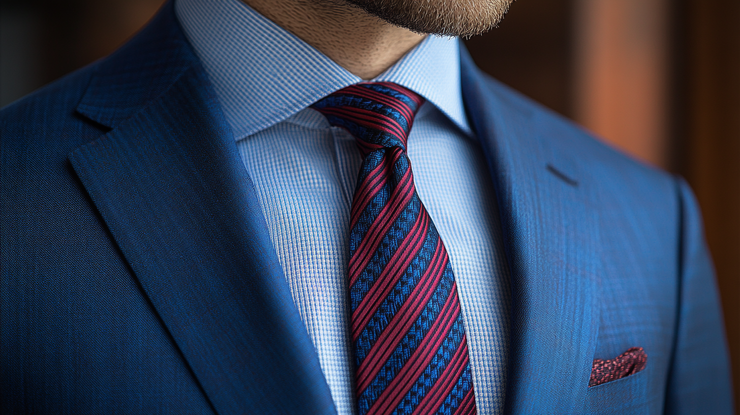 
A man wearing a blue suit with a red striped tie. The red stripes on the tie add a bold, vibrant contrast to the blue suit, making a strong statement. This combination is perfect for formal occasions, offering a refined and confident look.