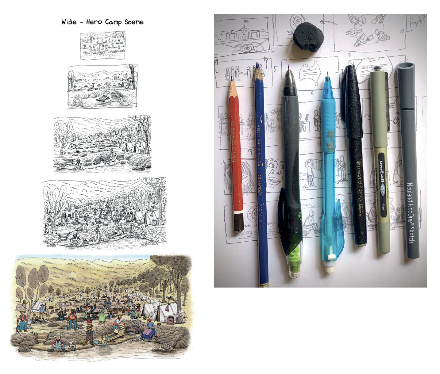 Image to the left, has the text "Wide - Hero Camp Scene" showing 5 images beneath each other. The top showing a small thumbnail and each image below has additional detail, with the bottom image showing the final colour version. To the right, is a photo of thumbnails with various pencil and pens on top. 