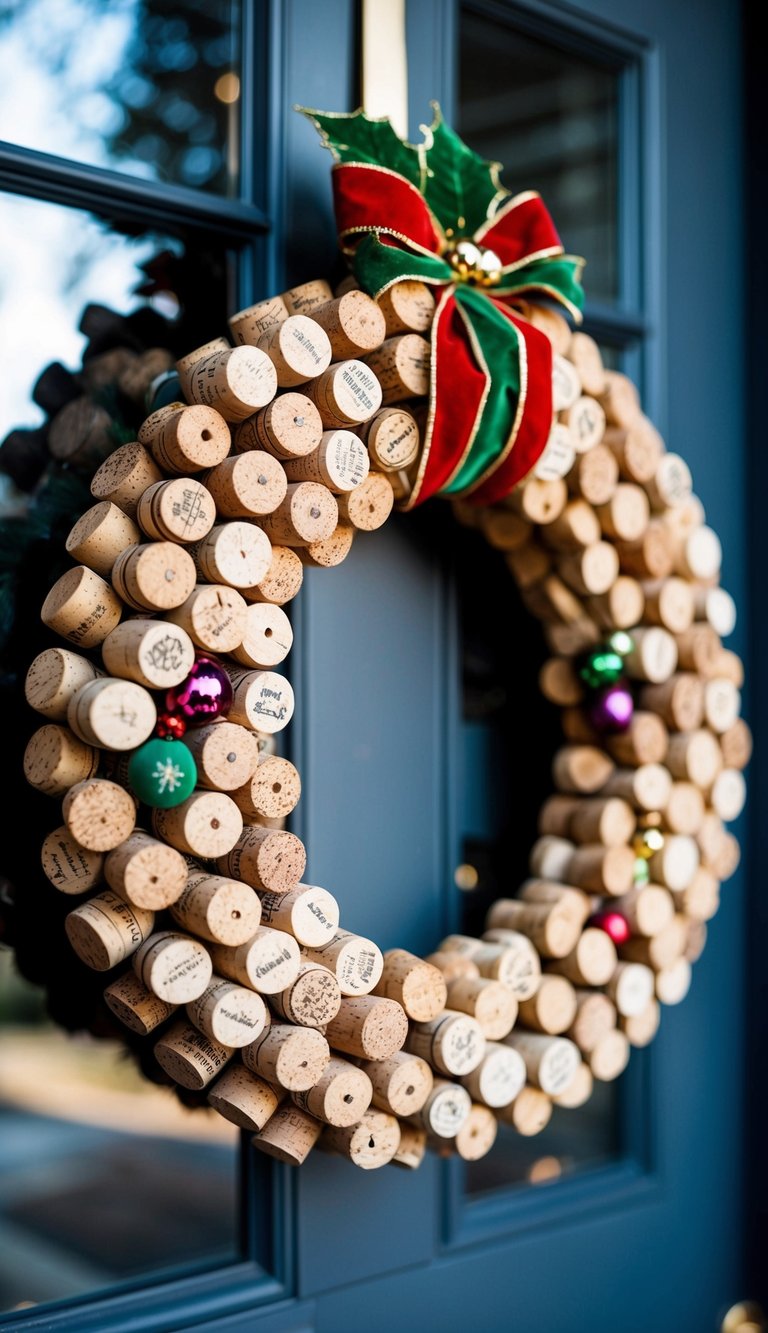 A holiday wreath made entirely of wine corks, adorned with festive decorations, hangs on a front door