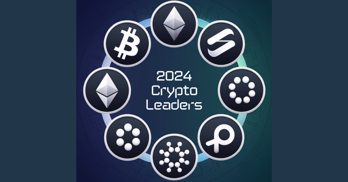 A circular graphic featuring icons of prominent cryptocurrencies like Bitcoin, Ethereum, and others, labeled '2024 Crypto Leaders' in the center.