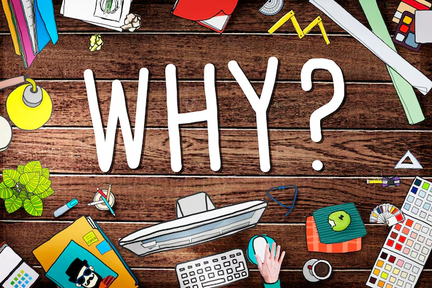 A bunch of bloggin items around the word "why" illustrating the important of choosing a blog name