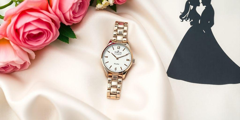 Elegant wristwatch on silk fabric with wedding elements.